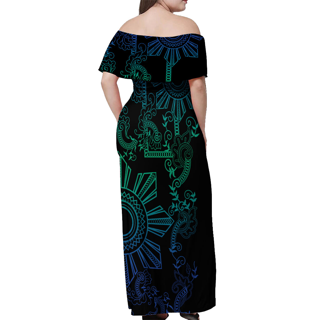 Filipino Sun Tribal Tattoo Off Shoulder Maxi Dress Philippines Inspired Barong Blue Art - Wonder Print Shop