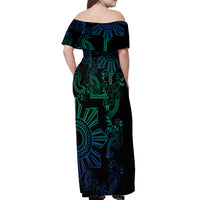 Filipino Sun Tribal Tattoo Off Shoulder Maxi Dress Philippines Inspired Barong Blue Art - Wonder Print Shop