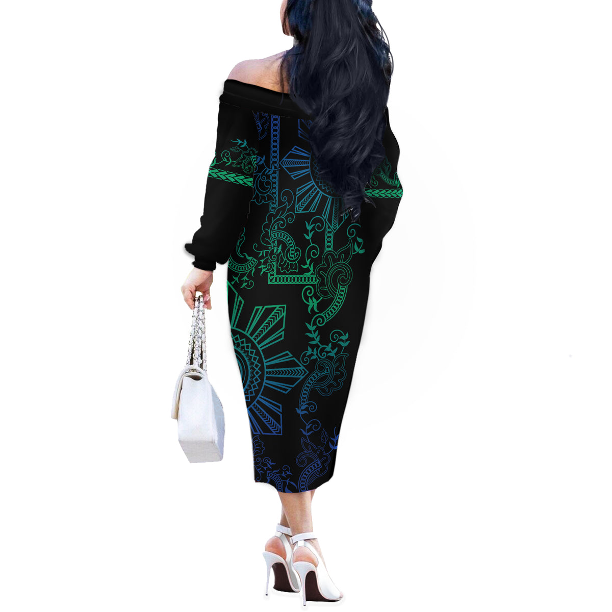 Filipino Sun Tribal Tattoo Off The Shoulder Long Sleeve Dress Philippines Inspired Barong Blue Art - Wonder Print Shop