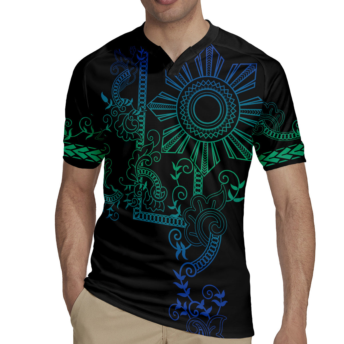 Filipino Sun Tribal Tattoo Rugby Jersey Philippines Inspired Barong Blue Art - Wonder Print Shop