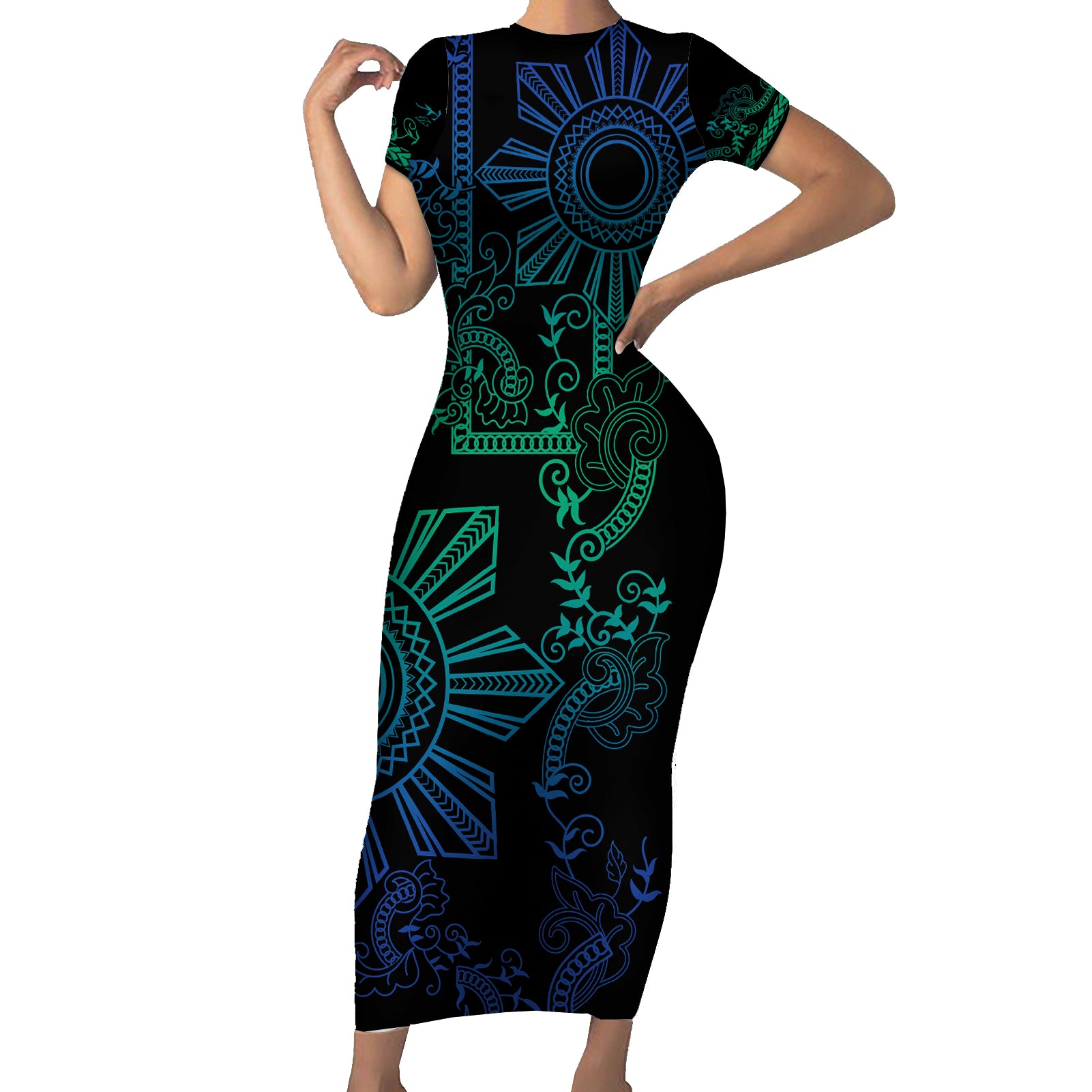 Filipino Sun Tribal Tattoo Short Sleeve Bodycon Dress Philippines Inspired Barong Blue Art - Wonder Print Shop