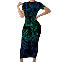 Filipino Sun Tribal Tattoo Short Sleeve Bodycon Dress Philippines Inspired Barong Blue Art - Wonder Print Shop