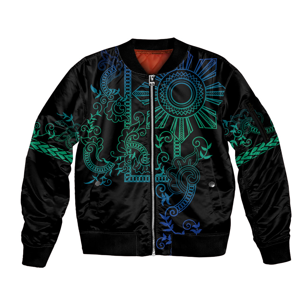 Filipino Sun Tribal Tattoo Sleeve Zip Bomber Jacket Philippines Inspired Barong Blue Art - Wonder Print Shop