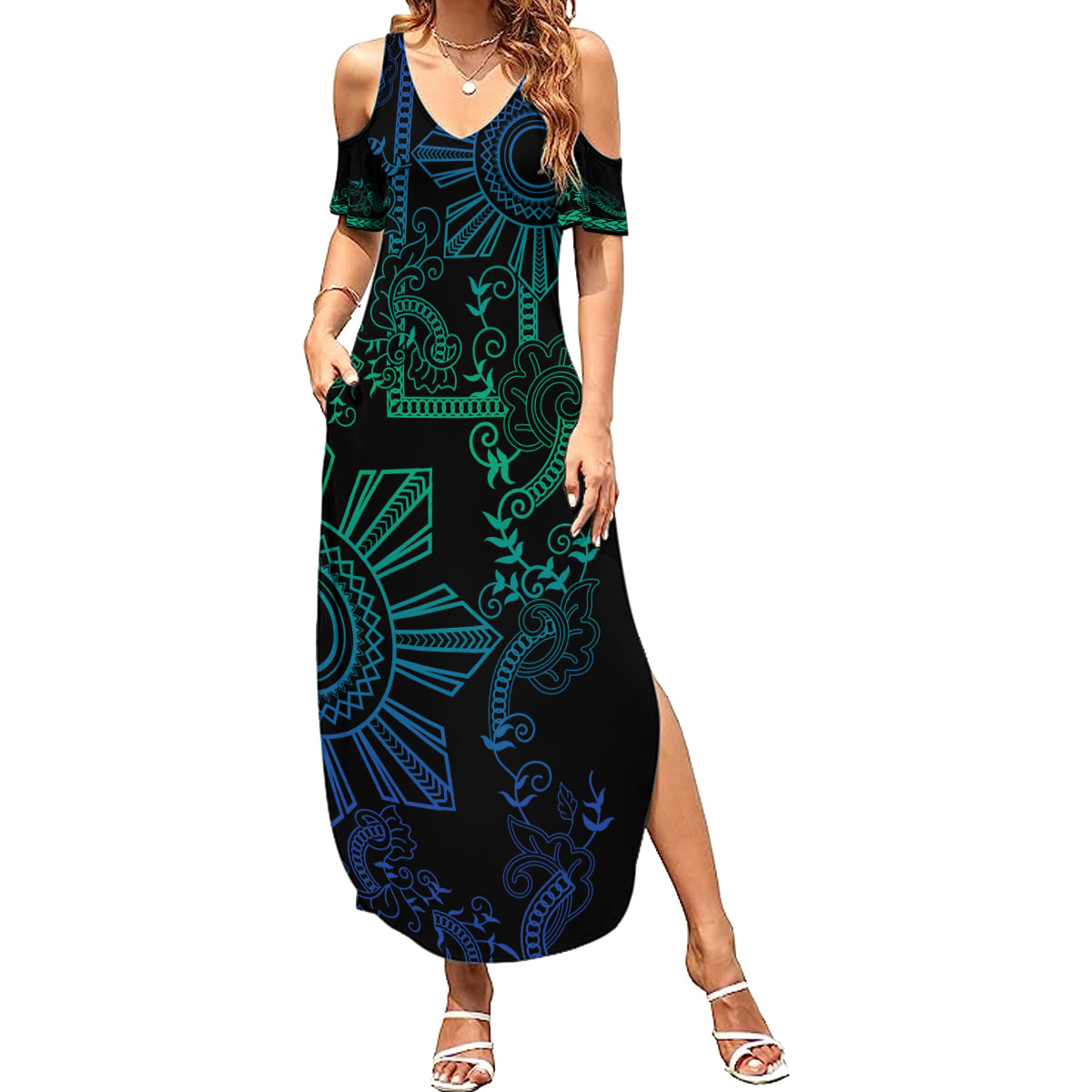 Filipino Sun Tribal Tattoo Summer Maxi Dress Philippines Inspired Barong Blue Art - Wonder Print Shop