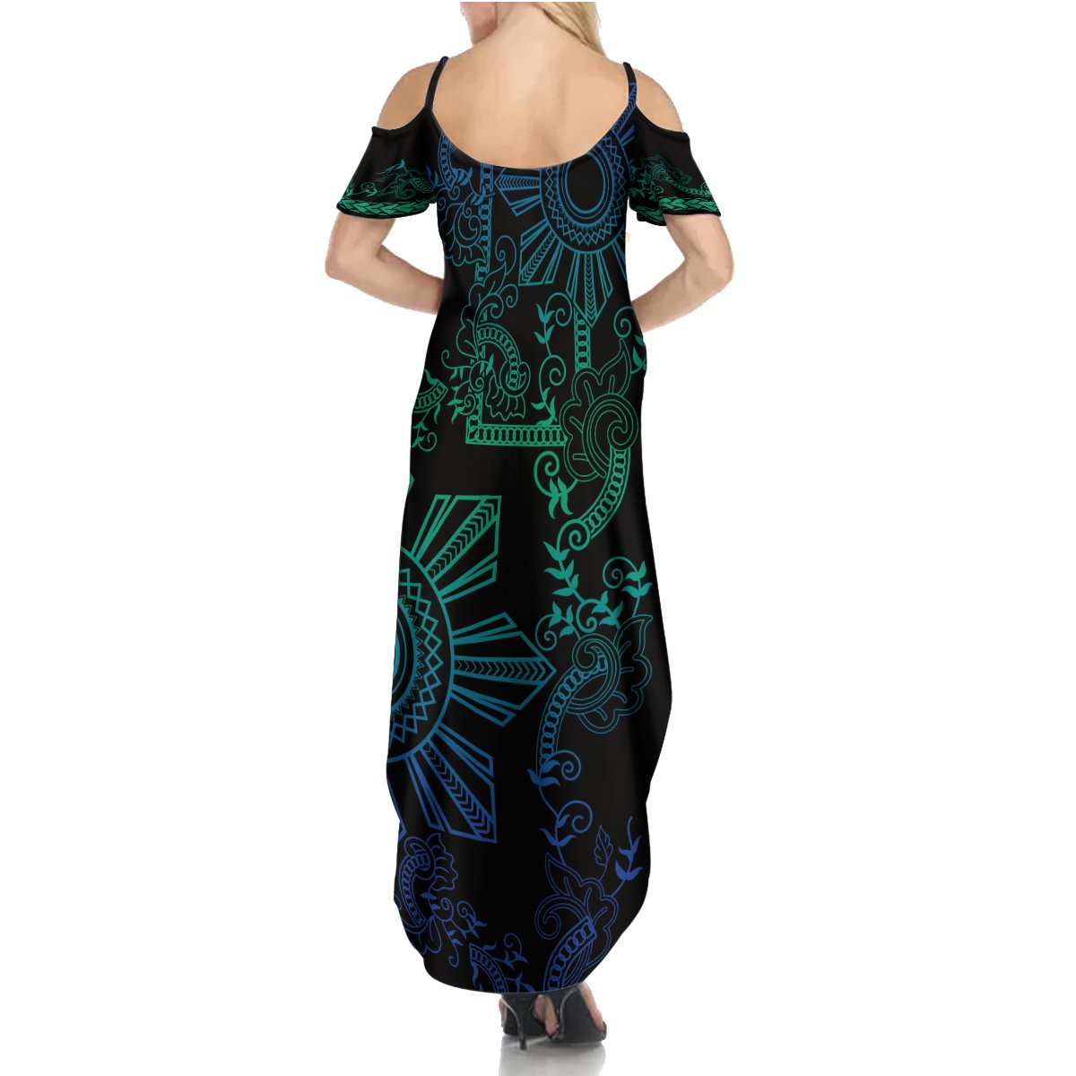 Filipino Sun Tribal Tattoo Summer Maxi Dress Philippines Inspired Barong Blue Art - Wonder Print Shop