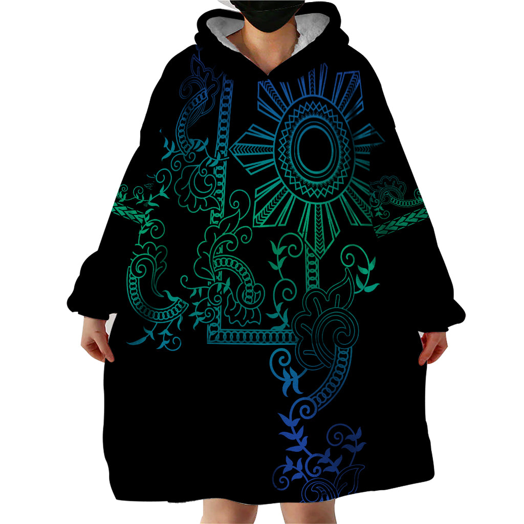 Filipino Sun Tribal Tattoo Wearable Blanket Hoodie Philippines Inspired Barong Blue Art - Wonder Print Shop