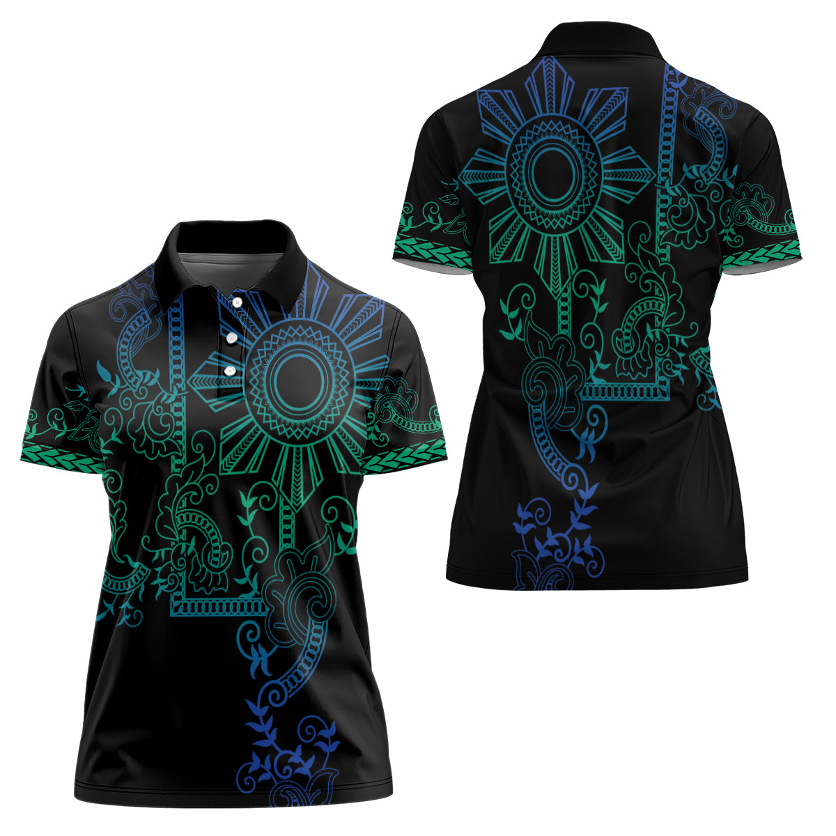 Filipino Sun Tribal Tattoo Women Polo Shirt Philippines Inspired Barong Blue Art - Wonder Print Shop