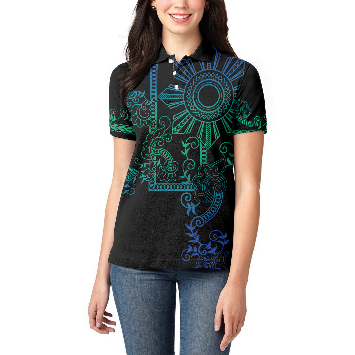 Filipino Sun Tribal Tattoo Women Polo Shirt Philippines Inspired Barong Blue Art - Wonder Print Shop