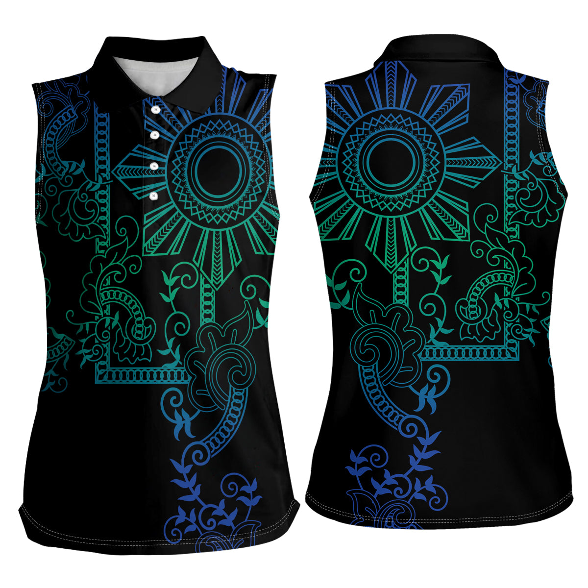 Filipino Sun Tribal Tattoo Women Sleeveless Polo Shirt Philippines Inspired Barong Blue Art - Wonder Print Shop
