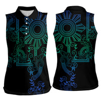 Filipino Sun Tribal Tattoo Women Sleeveless Polo Shirt Philippines Inspired Barong Blue Art - Wonder Print Shop