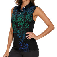 Filipino Sun Tribal Tattoo Women Sleeveless Polo Shirt Philippines Inspired Barong Blue Art - Wonder Print Shop