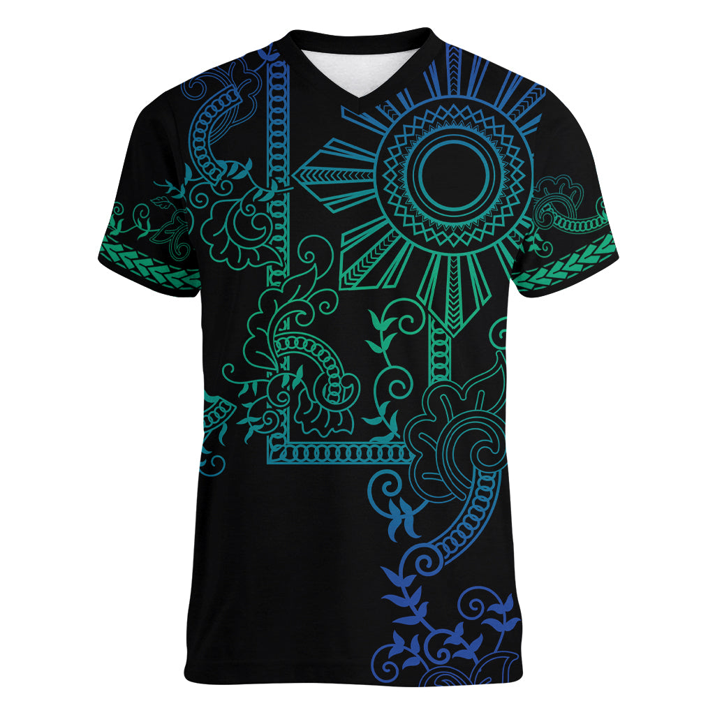 Filipino Sun Tribal Tattoo Women V-Neck T-Shirt Philippines Inspired Barong Blue Art - Wonder Print Shop