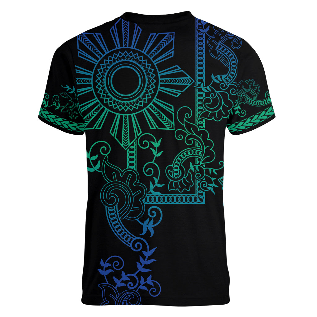 Filipino Sun Tribal Tattoo Women V-Neck T-Shirt Philippines Inspired Barong Blue Art - Wonder Print Shop