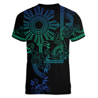 Filipino Sun Tribal Tattoo Women V-Neck T-Shirt Philippines Inspired Barong Blue Art - Wonder Print Shop