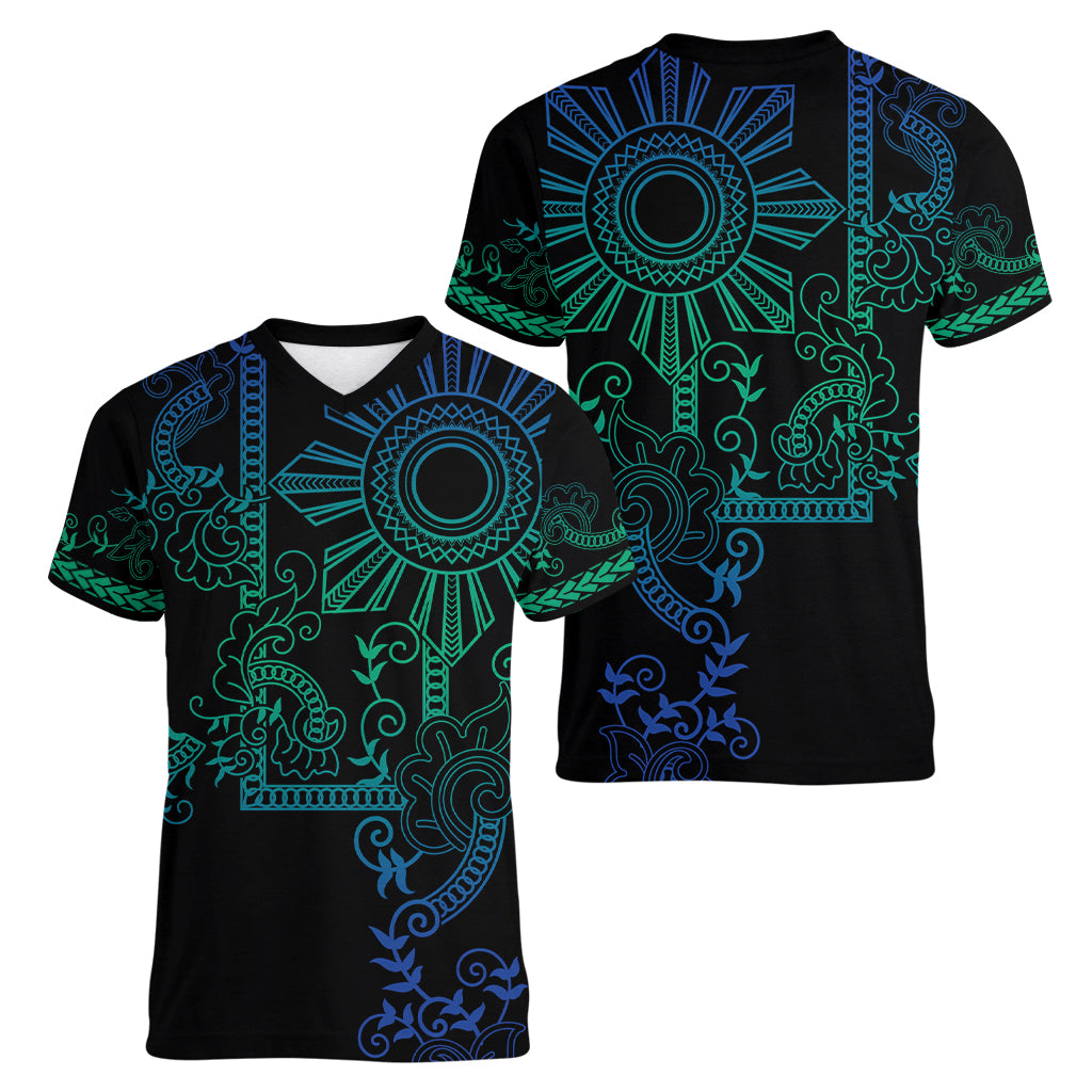 Filipino Sun Tribal Tattoo Women V-Neck T-Shirt Philippines Inspired Barong Blue Art - Wonder Print Shop