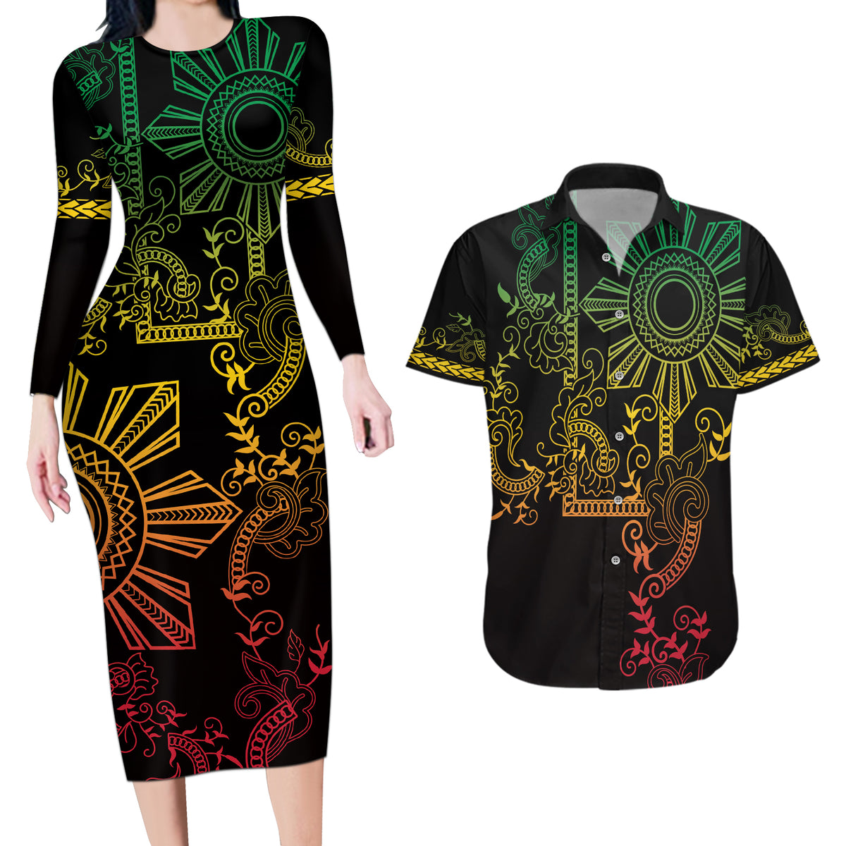 Filipino Sun Tribal Tattoo Couples Matching Long Sleeve Bodycon Dress and Hawaiian Shirt Philippines Inspired Barong Reggae Art LT9 - Wonder Print Shop