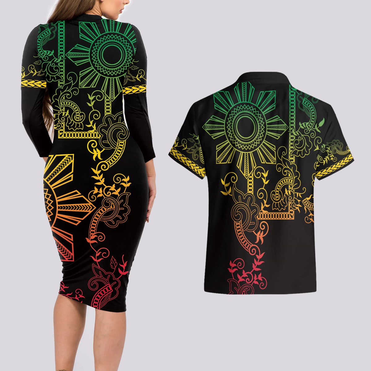 Filipino Sun Tribal Tattoo Couples Matching Long Sleeve Bodycon Dress and Hawaiian Shirt Philippines Inspired Barong Reggae Art LT9 - Wonder Print Shop