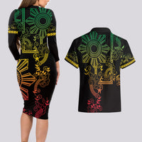 Filipino Sun Tribal Tattoo Couples Matching Long Sleeve Bodycon Dress and Hawaiian Shirt Philippines Inspired Barong Reggae Art LT9 - Wonder Print Shop