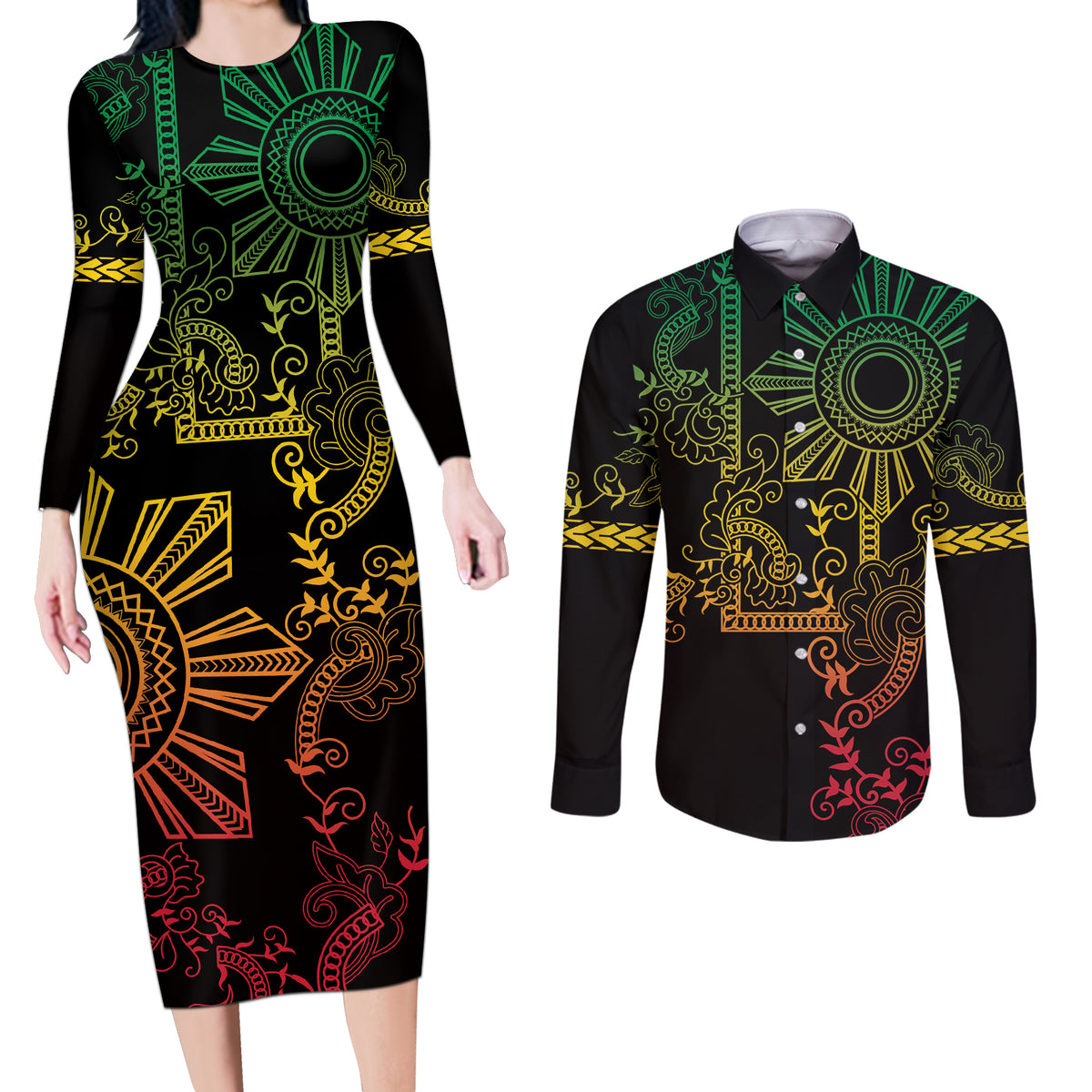 Filipino Sun Tribal Tattoo Couples Matching Long Sleeve Bodycon Dress and Long Sleeve Button Shirt Philippines Inspired Barong Reggae Art LT9 - Wonder Print Shop