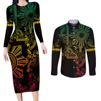 Filipino Sun Tribal Tattoo Couples Matching Long Sleeve Bodycon Dress and Long Sleeve Button Shirt Philippines Inspired Barong Reggae Art LT9 - Wonder Print Shop