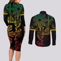 Filipino Sun Tribal Tattoo Couples Matching Long Sleeve Bodycon Dress and Long Sleeve Button Shirt Philippines Inspired Barong Reggae Art LT9 - Wonder Print Shop