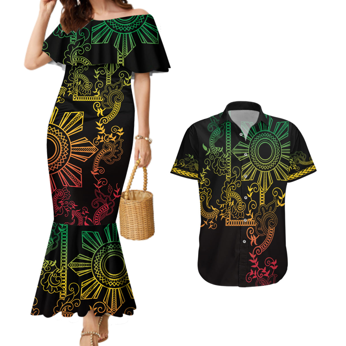Filipino Sun Tribal Tattoo Couples Matching Mermaid Dress and Hawaiian Shirt Philippines Inspired Barong Reggae Art LT9 - Wonder Print Shop