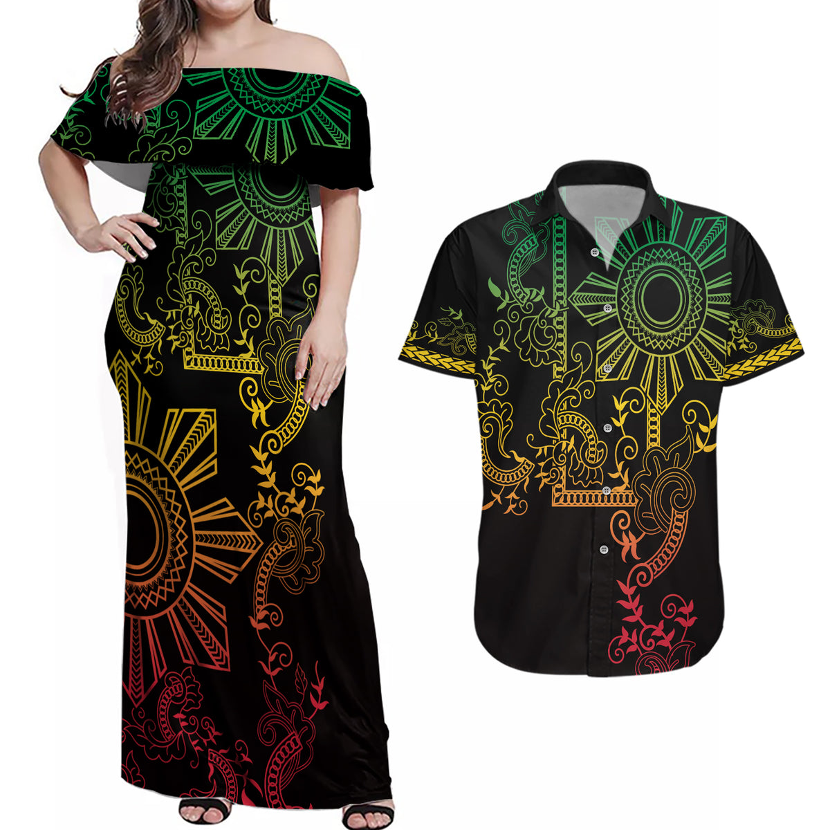 Filipino Sun Tribal Tattoo Couples Matching Off Shoulder Maxi Dress and Hawaiian Shirt Philippines Inspired Barong Reggae Art LT9 - Wonder Print Shop