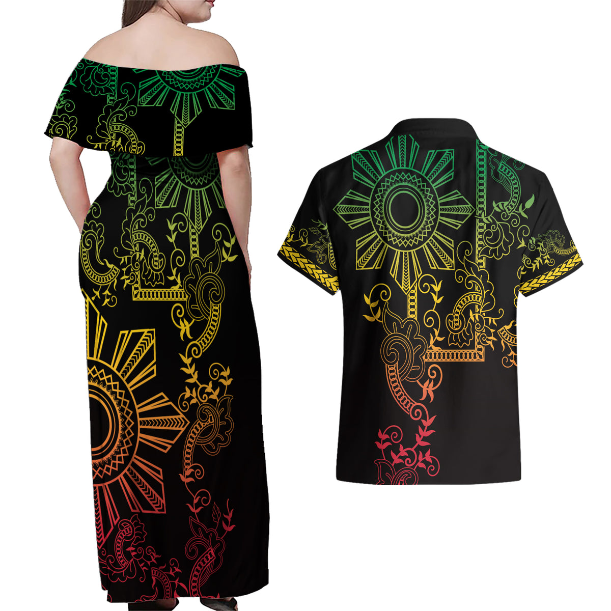 Filipino Sun Tribal Tattoo Couples Matching Off Shoulder Maxi Dress and Hawaiian Shirt Philippines Inspired Barong Reggae Art LT9 - Wonder Print Shop