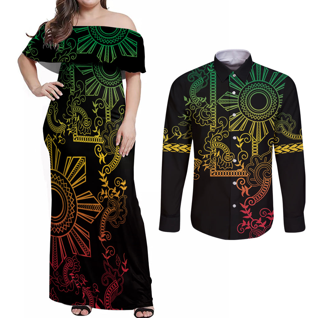 Filipino Sun Tribal Tattoo Couples Matching Off Shoulder Maxi Dress and Long Sleeve Button Shirt Philippines Inspired Barong Reggae Art LT9 - Wonder Print Shop