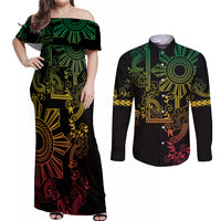 Filipino Sun Tribal Tattoo Couples Matching Off Shoulder Maxi Dress and Long Sleeve Button Shirt Philippines Inspired Barong Reggae Art LT9 - Wonder Print Shop