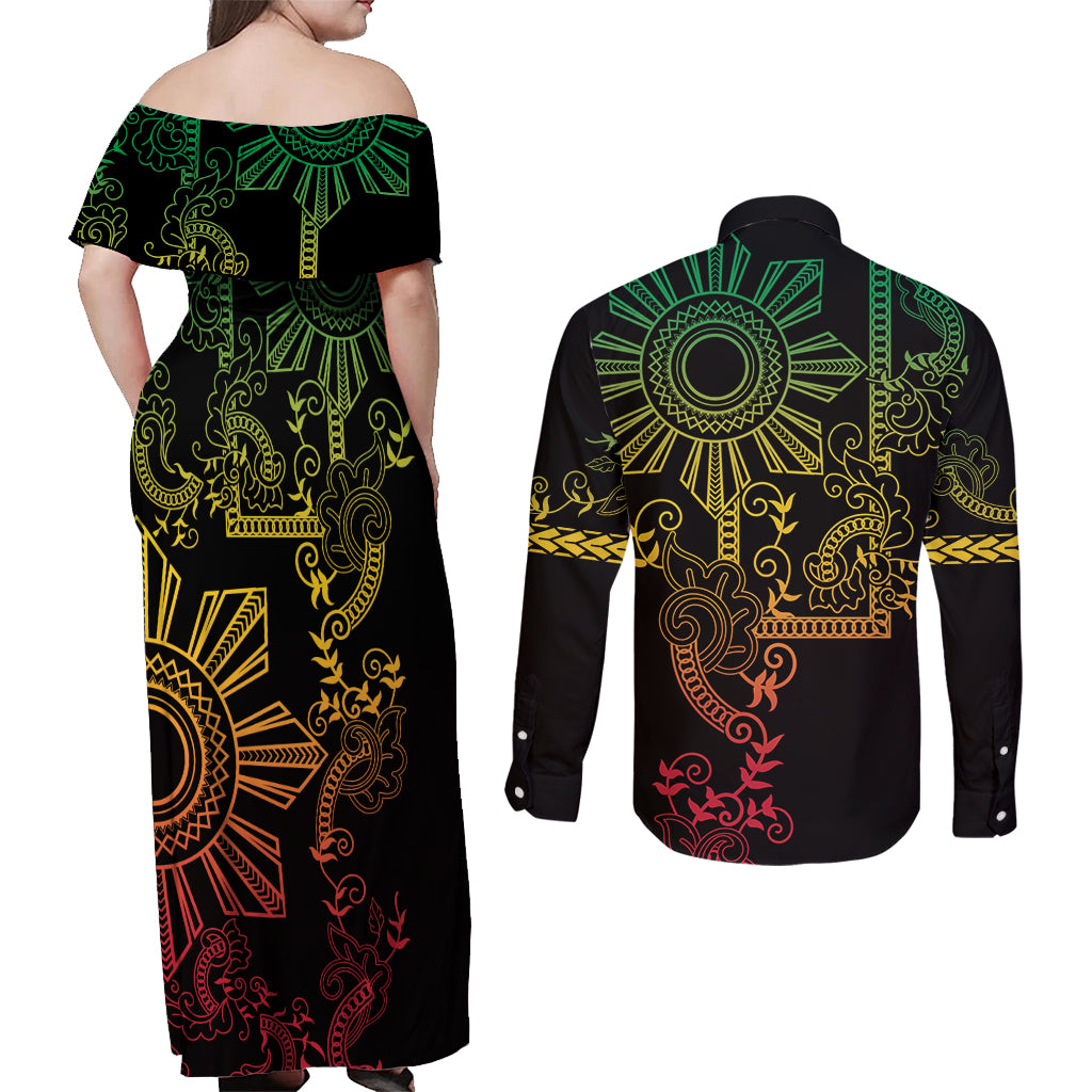 Filipino Sun Tribal Tattoo Couples Matching Off Shoulder Maxi Dress and Long Sleeve Button Shirt Philippines Inspired Barong Reggae Art LT9 - Wonder Print Shop