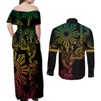 Filipino Sun Tribal Tattoo Couples Matching Off Shoulder Maxi Dress and Long Sleeve Button Shirt Philippines Inspired Barong Reggae Art LT9 - Wonder Print Shop