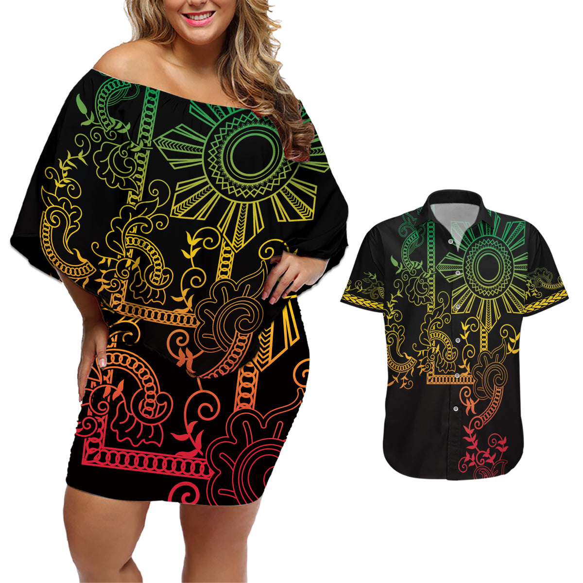 Filipino Sun Tribal Tattoo Couples Matching Off Shoulder Short Dress and Hawaiian Shirt Philippines Inspired Barong Reggae Art LT9 - Wonder Print Shop