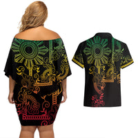 Filipino Sun Tribal Tattoo Couples Matching Off Shoulder Short Dress and Hawaiian Shirt Philippines Inspired Barong Reggae Art LT9 - Wonder Print Shop