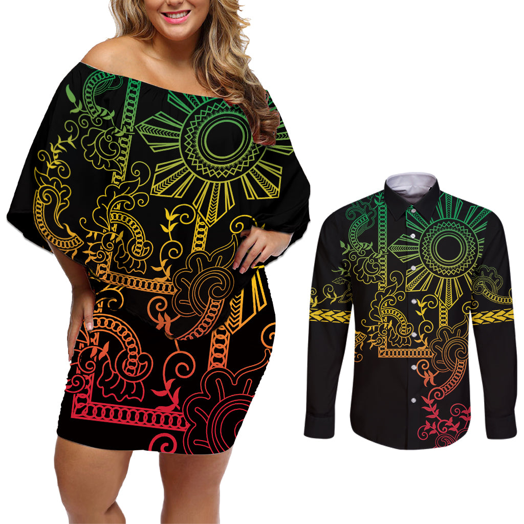 Filipino Sun Tribal Tattoo Couples Matching Off Shoulder Short Dress and Long Sleeve Button Shirt Philippines Inspired Barong Reggae Art LT9 - Wonder Print Shop