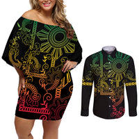 Filipino Sun Tribal Tattoo Couples Matching Off Shoulder Short Dress and Long Sleeve Button Shirt Philippines Inspired Barong Reggae Art LT9 - Wonder Print Shop