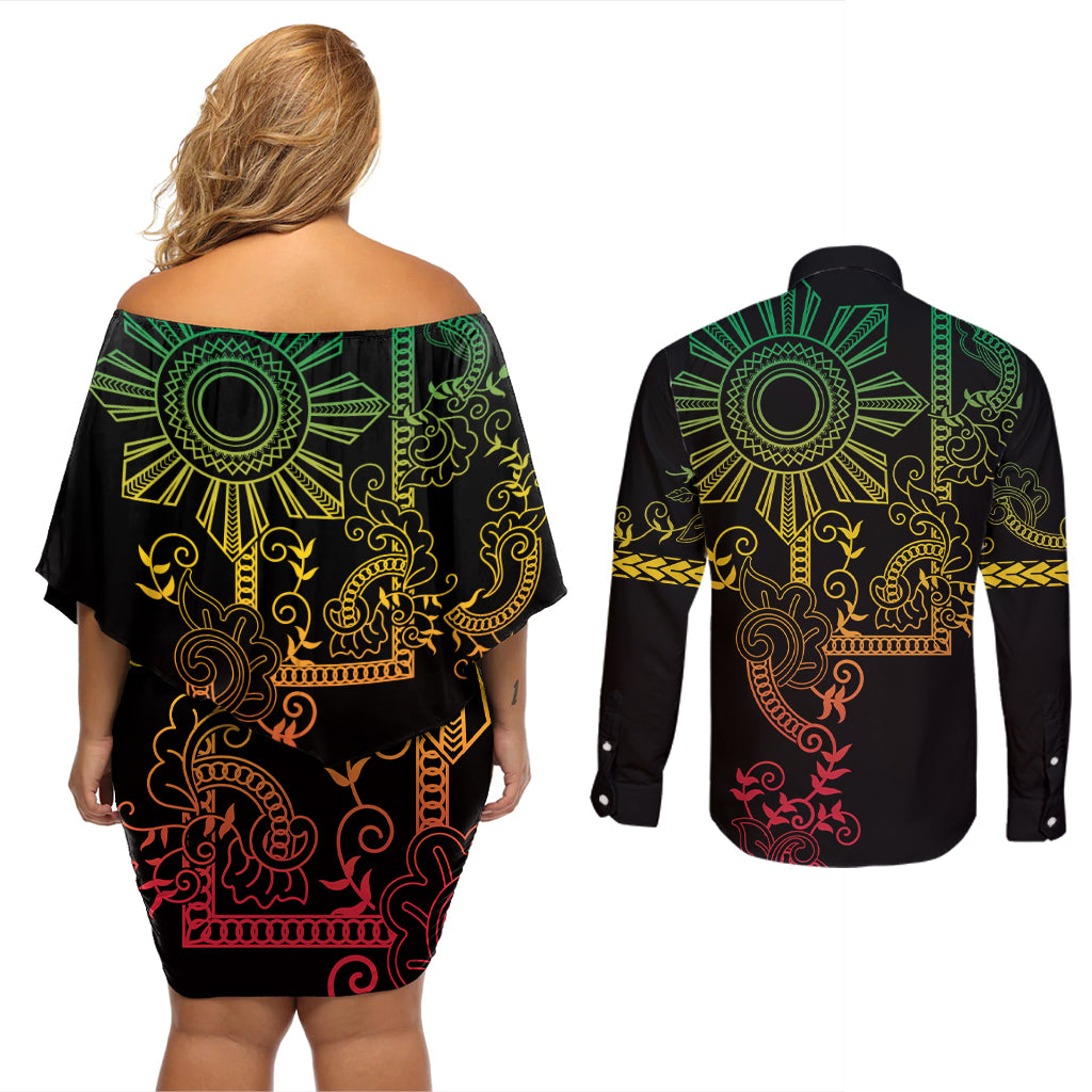 Filipino Sun Tribal Tattoo Couples Matching Off Shoulder Short Dress and Long Sleeve Button Shirt Philippines Inspired Barong Reggae Art LT9 - Wonder Print Shop
