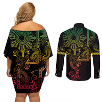 Filipino Sun Tribal Tattoo Couples Matching Off Shoulder Short Dress and Long Sleeve Button Shirt Philippines Inspired Barong Reggae Art LT9 - Wonder Print Shop