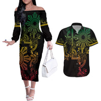 Filipino Sun Tribal Tattoo Couples Matching Off The Shoulder Long Sleeve Dress and Hawaiian Shirt Philippines Inspired Barong Reggae Art LT9 - Wonder Print Shop