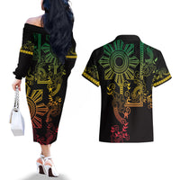 Filipino Sun Tribal Tattoo Couples Matching Off The Shoulder Long Sleeve Dress and Hawaiian Shirt Philippines Inspired Barong Reggae Art LT9 - Wonder Print Shop