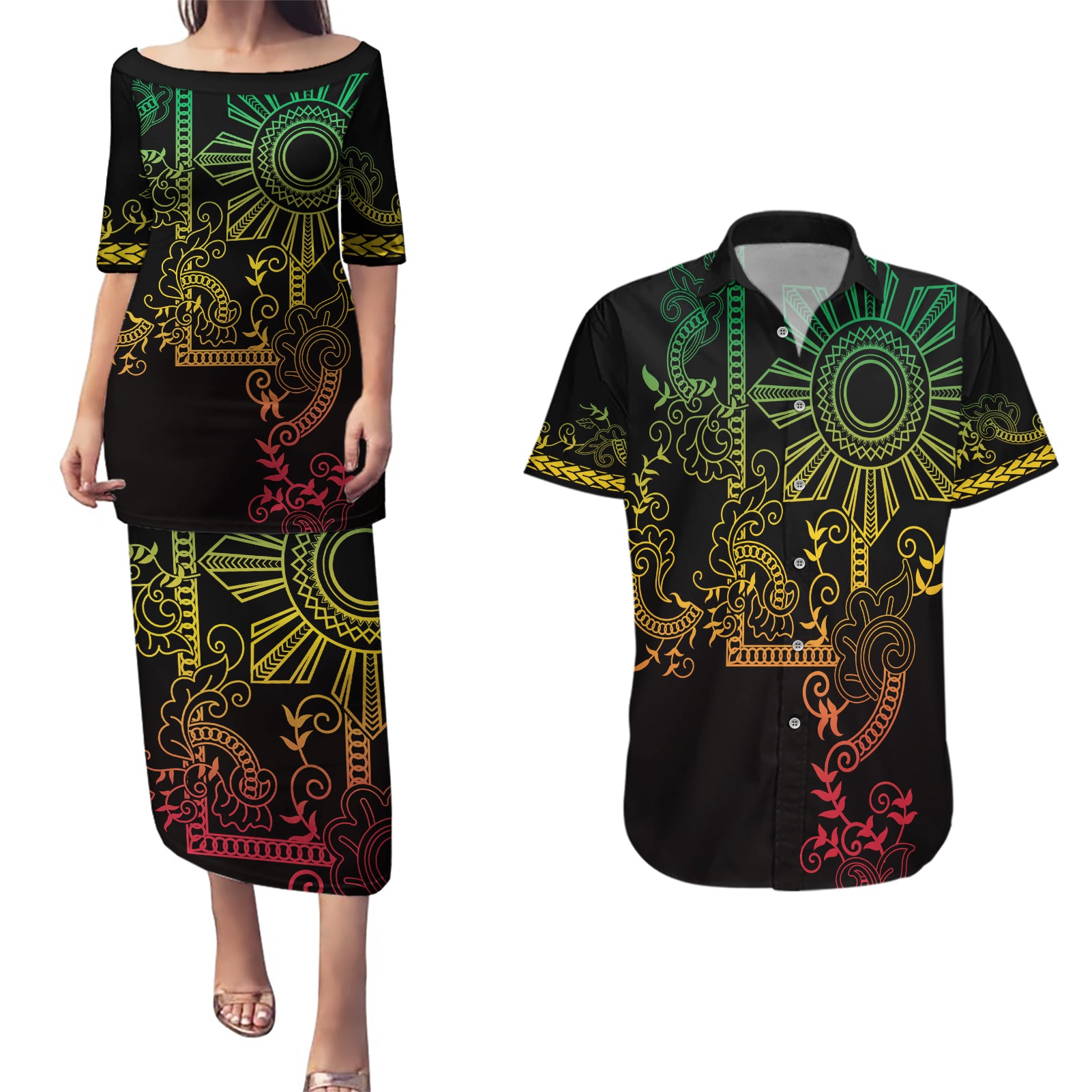 Filipino Sun Tribal Tattoo Couples Matching Puletasi and Hawaiian Shirt Philippines Inspired Barong Reggae Art LT9 - Wonder Print Shop