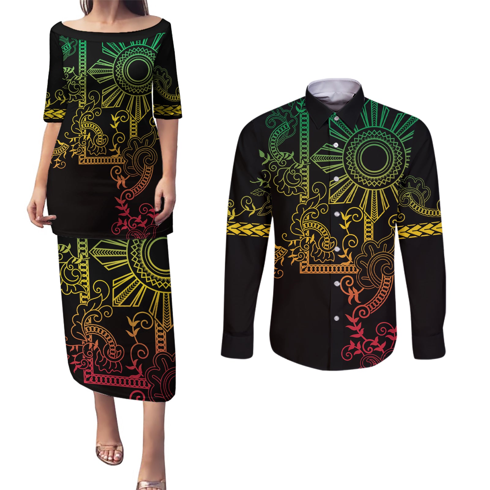 Filipino Sun Tribal Tattoo Couples Matching Puletasi and Long Sleeve Button Shirt Philippines Inspired Barong Reggae Art LT9 - Wonder Print Shop