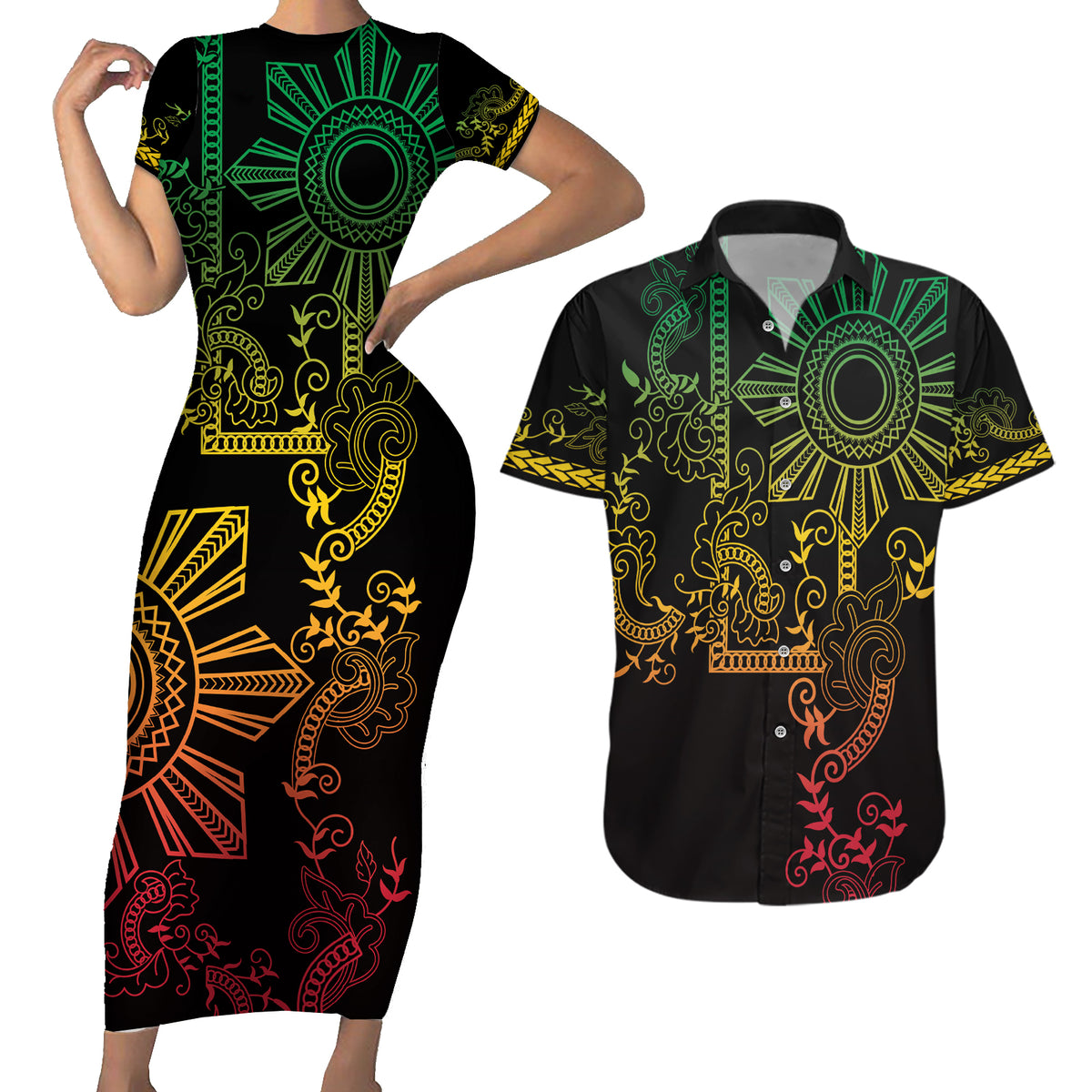 Filipino Sun Tribal Tattoo Couples Matching Short Sleeve Bodycon Dress and Hawaiian Shirt Philippines Inspired Barong Reggae Art LT9 - Wonder Print Shop