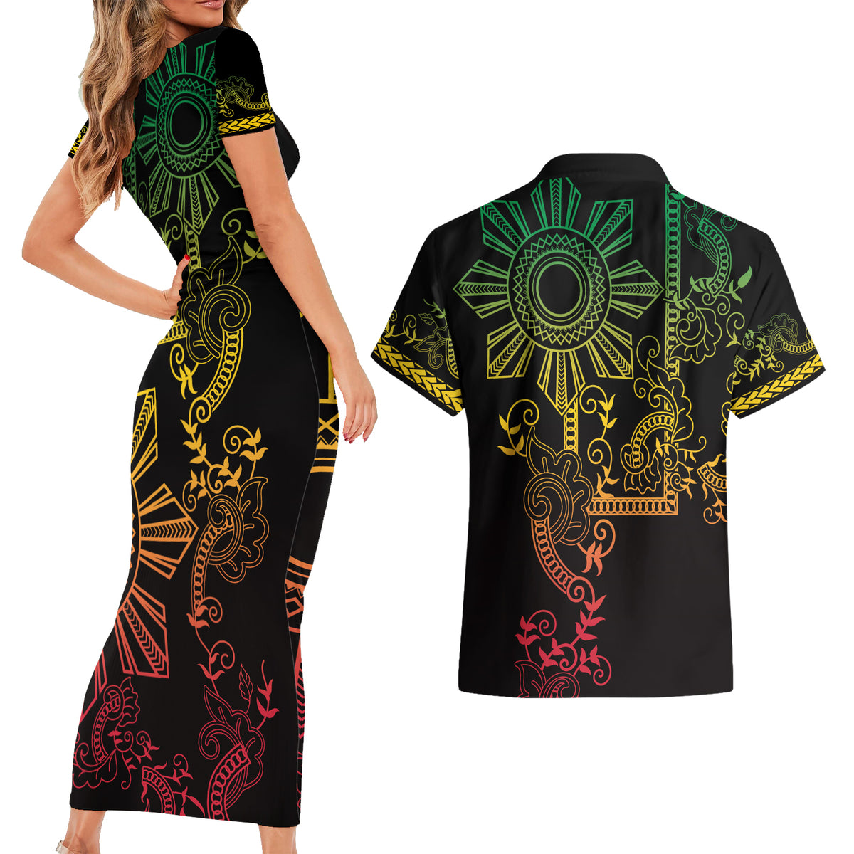 Filipino Sun Tribal Tattoo Couples Matching Short Sleeve Bodycon Dress and Hawaiian Shirt Philippines Inspired Barong Reggae Art LT9 - Wonder Print Shop