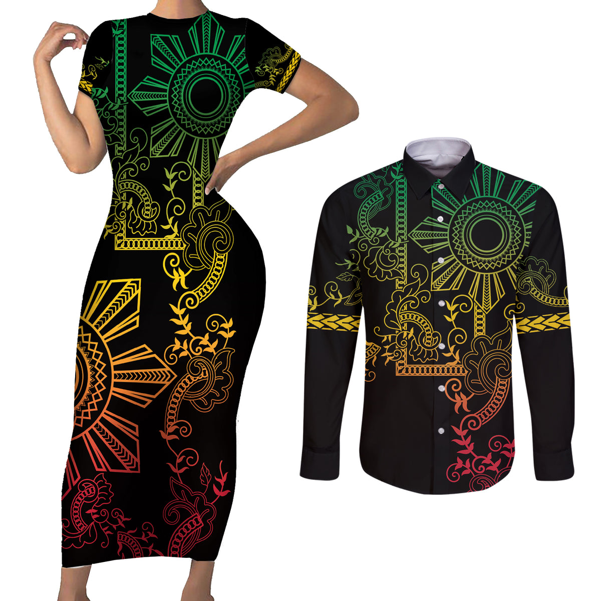 Filipino Sun Tribal Tattoo Couples Matching Short Sleeve Bodycon Dress and Long Sleeve Button Shirt Philippines Inspired Barong Reggae Art LT9 - Wonder Print Shop