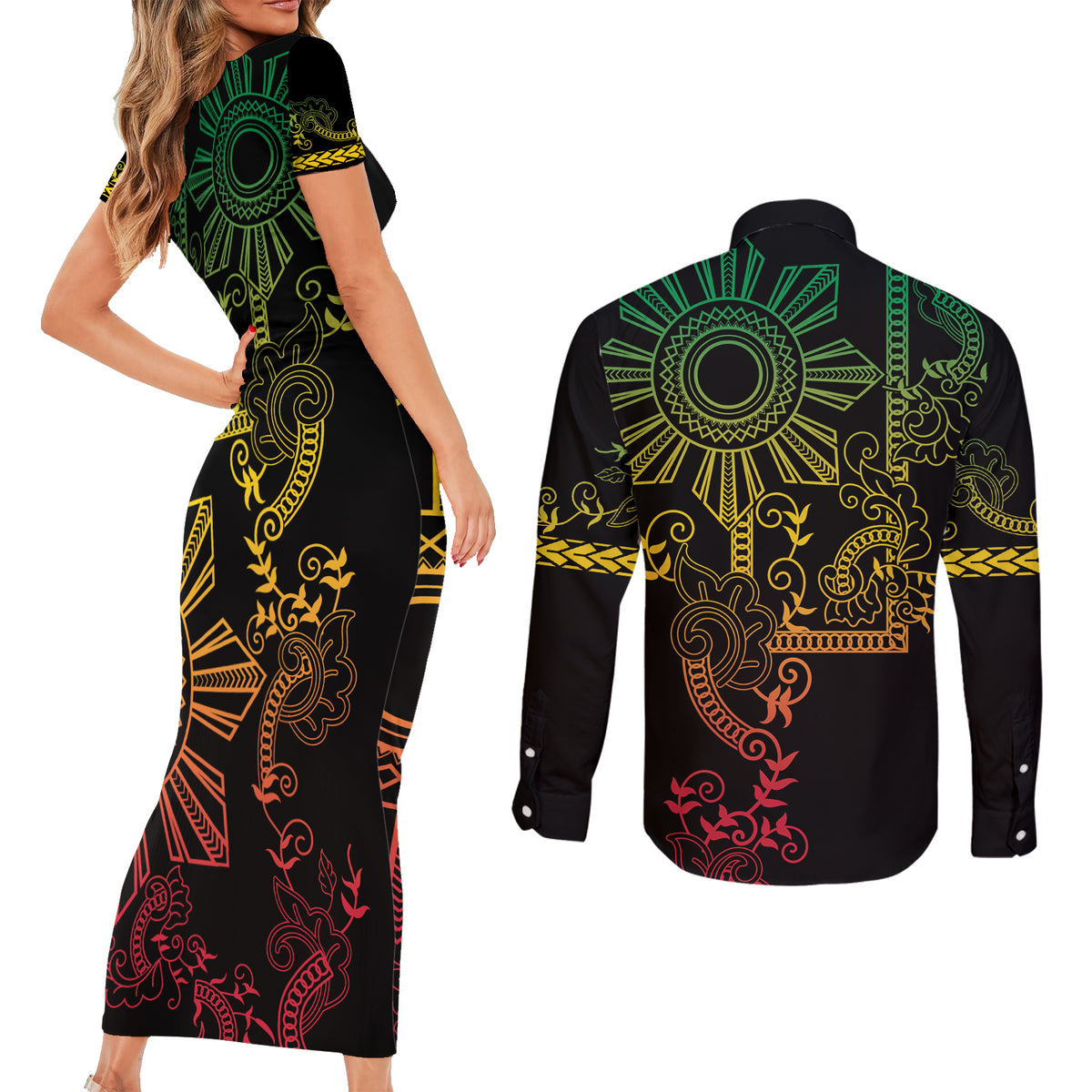 Filipino Sun Tribal Tattoo Couples Matching Short Sleeve Bodycon Dress and Long Sleeve Button Shirt Philippines Inspired Barong Reggae Art LT9 - Wonder Print Shop