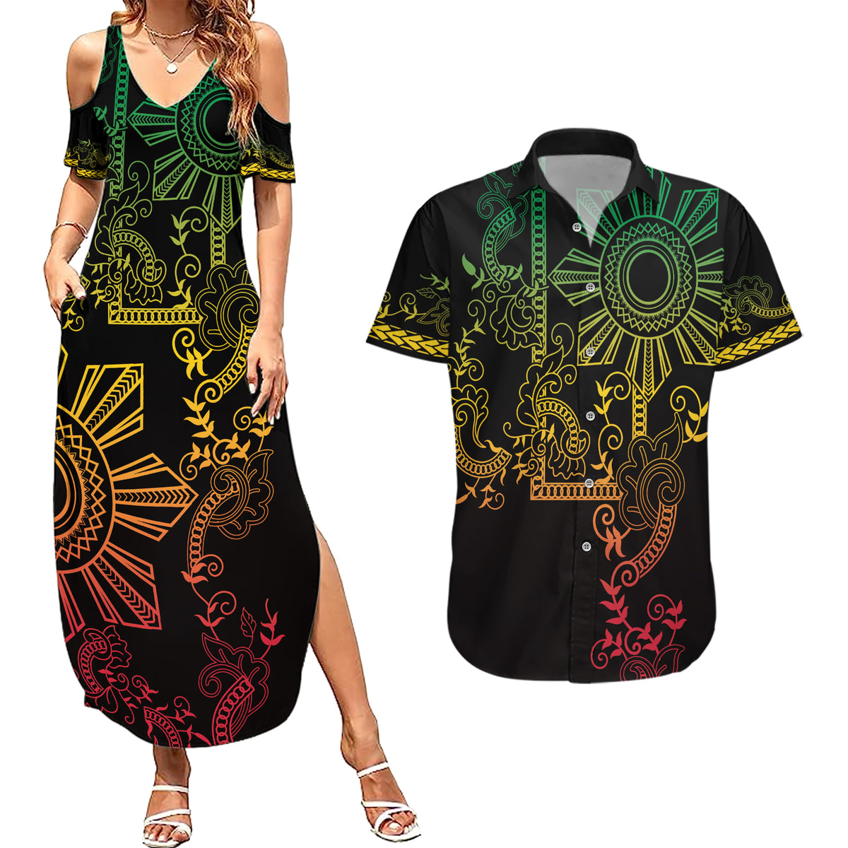 Filipino Sun Tribal Tattoo Couples Matching Summer Maxi Dress and Hawaiian Shirt Philippines Inspired Barong Reggae Art LT9 - Wonder Print Shop