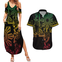 Filipino Sun Tribal Tattoo Couples Matching Summer Maxi Dress and Hawaiian Shirt Philippines Inspired Barong Reggae Art LT9 - Wonder Print Shop
