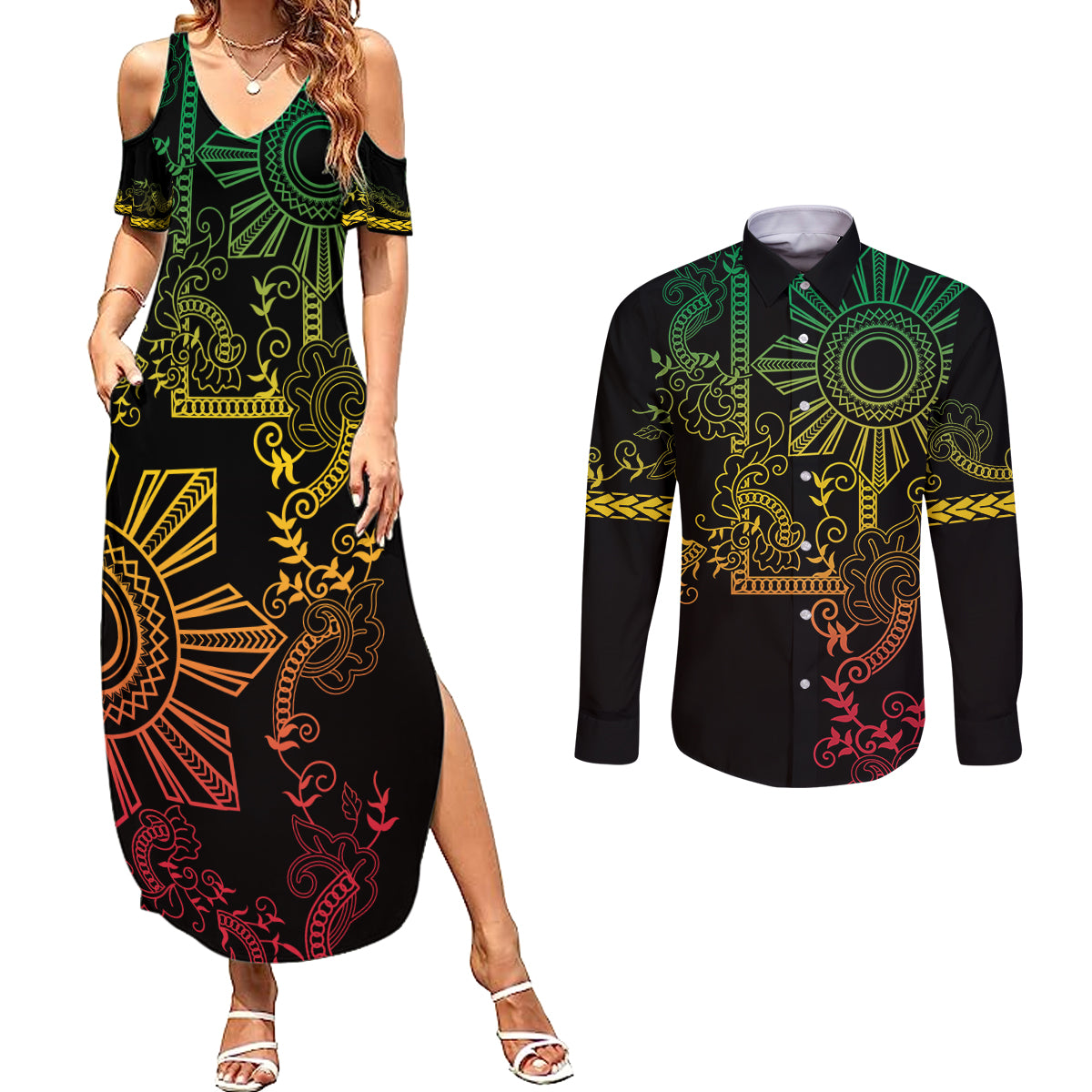 Filipino Sun Tribal Tattoo Couples Matching Summer Maxi Dress and Long Sleeve Button Shirt Philippines Inspired Barong Reggae Art LT9 - Wonder Print Shop
