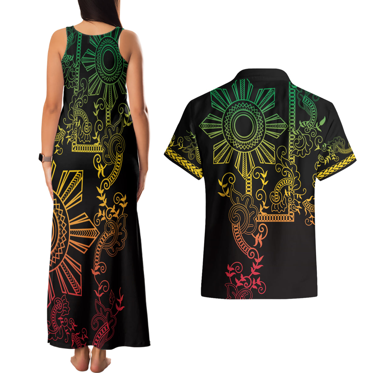 Filipino Sun Tribal Tattoo Couples Matching Tank Maxi Dress and Hawaiian Shirt Philippines Inspired Barong Reggae Art LT9 - Wonder Print Shop